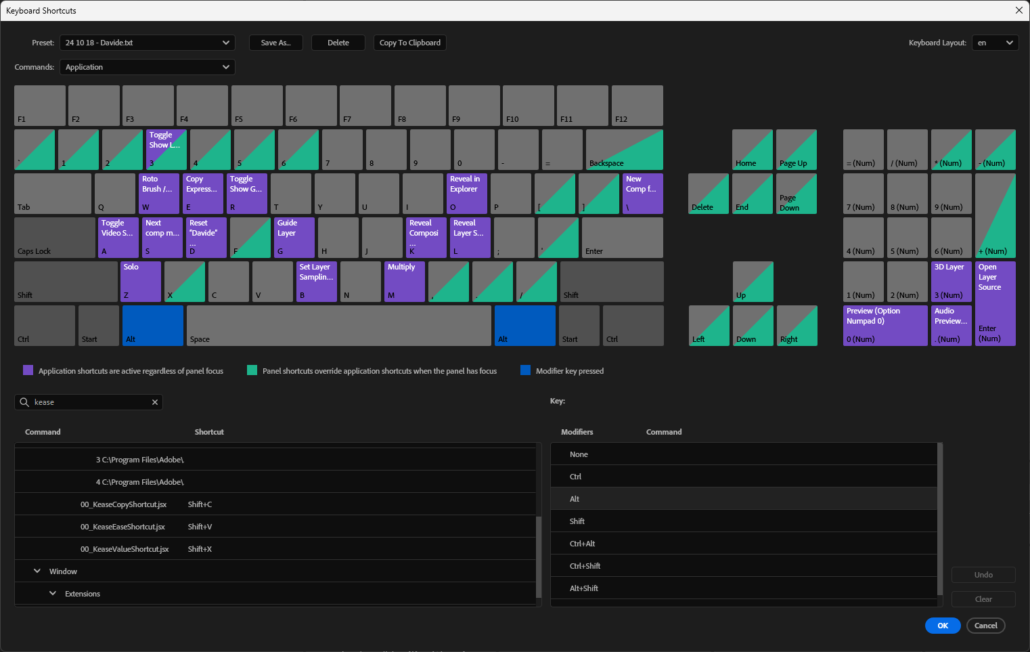 Kease shortcut in After Effects shortcut panel